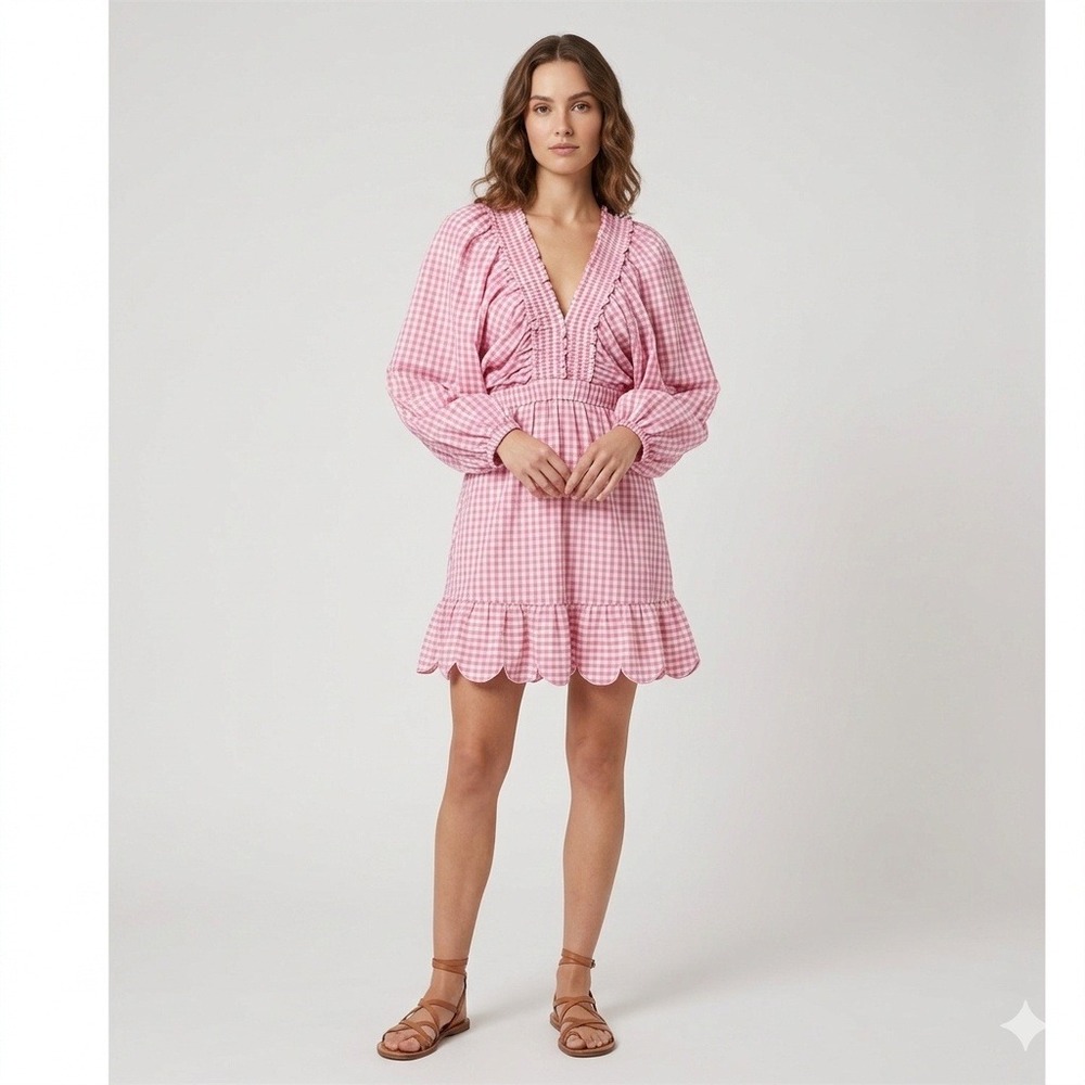 Pink Gingham Mini Dress with V-Neck and Ruffle Hem